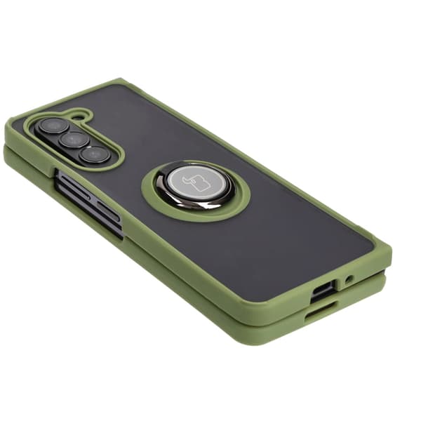 Bizon Case Hybrid Ring Fingerring Cover til Galaxy Z Fold5, Røgfarvet med Grøn Ramme