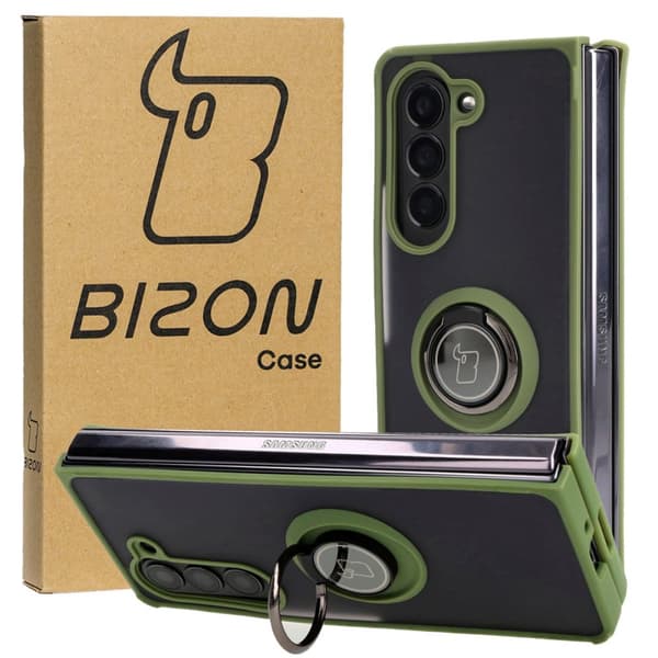 Bizon Case Hybrid Ring Fingerring Cover til Galaxy Z Fold5, Røgfarvet med Grøn Ramme