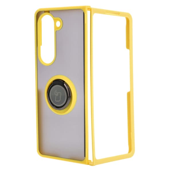 Bizon Case Hybrid Ring Fingerring Cover til Galaxy Z Fold5, Røgfarvet med Gul Ramme
