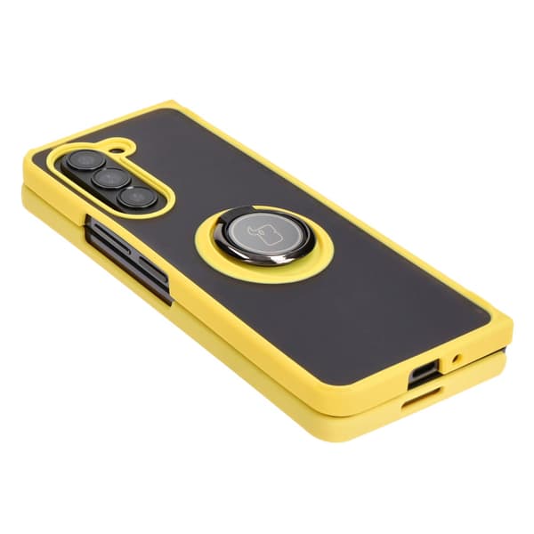 Bizon Case Hybrid Ring Fingerring Cover til Galaxy Z Fold5, Røgfarvet med Gul Ramme