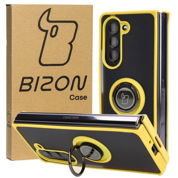 Bizon Case Hybrid Ring Fingerring Cover til Galaxy Z Fold5, Røgfarvet med Gul Ramme
