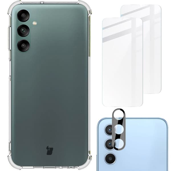 Etui + 2x glas + linse Bizon-etui klar pakke til Galaxy A24, gennemsigtig
