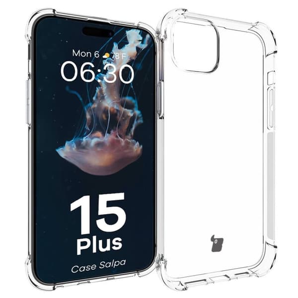 Bizon Case Salpa joustava suojakuori iPhone 15 Plussalle, läpinäkyvä