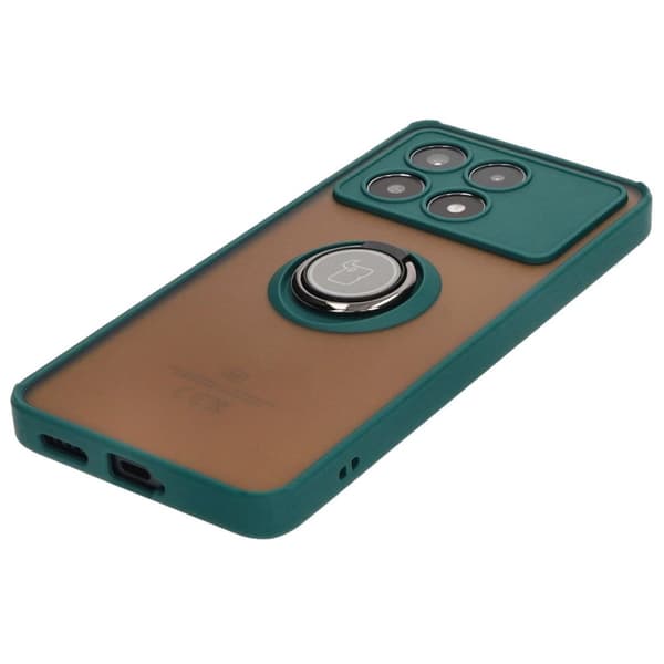 Bizon Case Hybrid Ring Fingerringfodral för Xiaomi Poco X6 Pro, Rökfärgad med Mörkgrön Ram