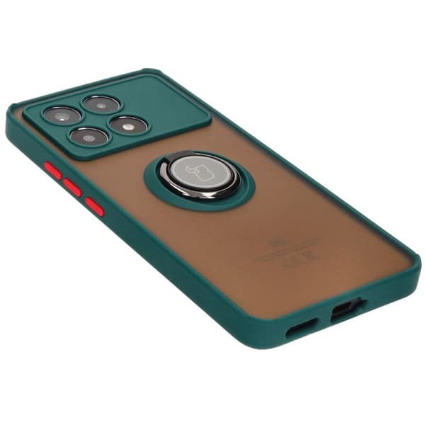 Bizon Case Hybrid Ring Fingerringfodral för Xiaomi Poco X6 Pro, Rökfärgad med Mörkgrön Ram