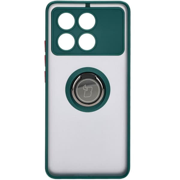 Bizon Case Hybrid Ring Fingerringfodral för Xiaomi Poco X6 Pro, Rökfärgad med Mörkgrön Ram