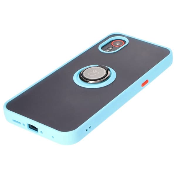 Bizon Case Hybrid Ring Finger Ringfodral för Galaxy Xcover7, Rökfärgad med Ljusblå Ram