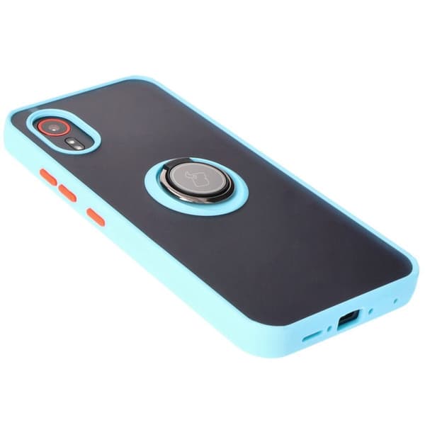 Bizon Case Hybrid Ring Finger Ringfodral för Galaxy Xcover7, Rökfärgad med Ljusblå Ram