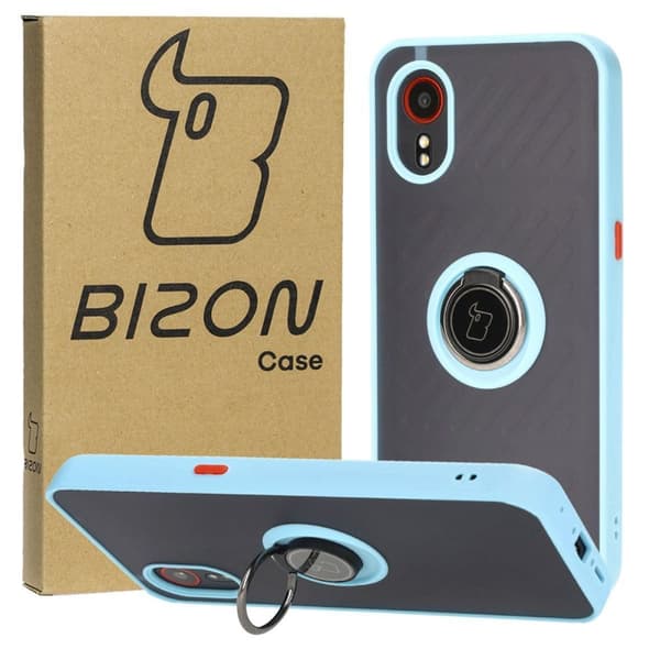 Bizon Case Hybrid Ring Finger Ringfodral för Galaxy Xcover7, Rökfärgad med Ljusblå Ram