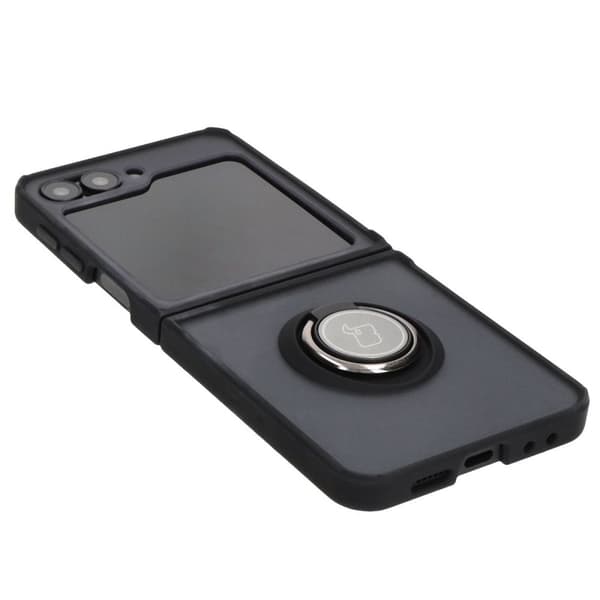 Bizon Case Hybrid Ring Finger Ring-skal för Galaxy Z Flip6, rökfärgad med svart ram