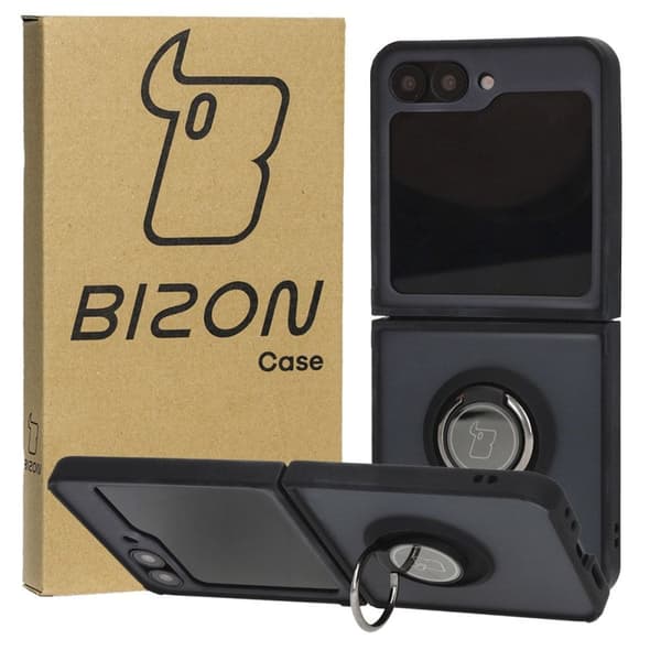 Bizon Case Hybrid Ring Finger Ring-skal för Galaxy Z Flip6, rökfärgad med svart ram