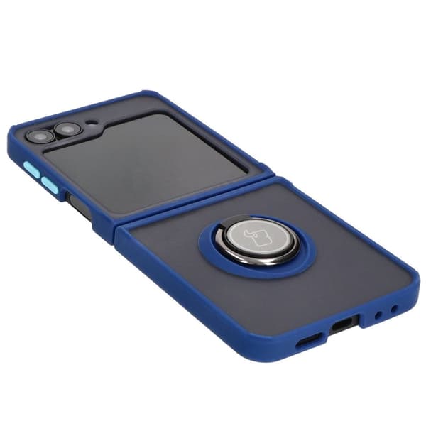 Bizon Case Hybrid Ring Fingerring-cover til Galaxy Z Flip6, røgfarvet med marineblå ramme