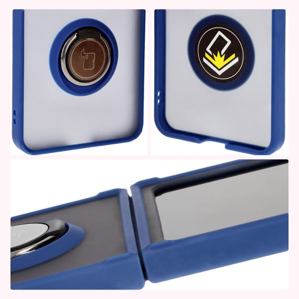 Bizon Case Hybrid Ring Fingerring-cover til Galaxy Z Flip6, røgfarvet med marineblå ramme