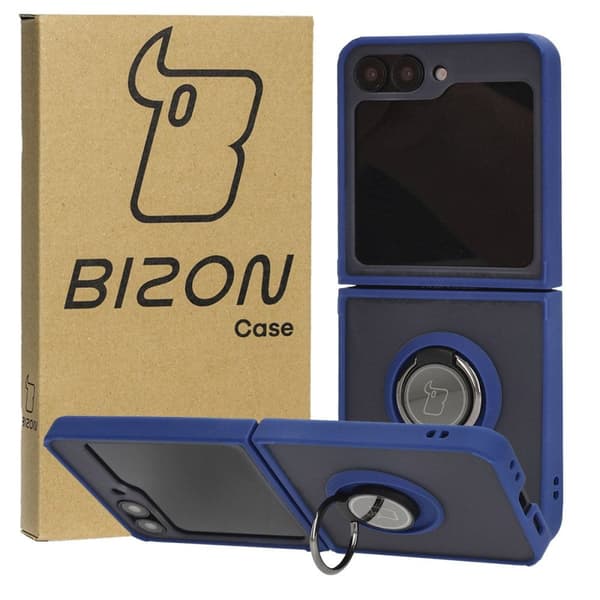 Bizon Case Hybrid Ring Fingerring-cover til Galaxy Z Flip6, røgfarvet med marineblå ramme