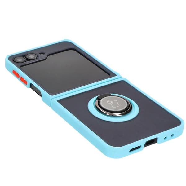 Bizon Case Hybrid Ring Finger Ring-skal för Galaxy Z Flip6, rökfärgad med ljusblå ram