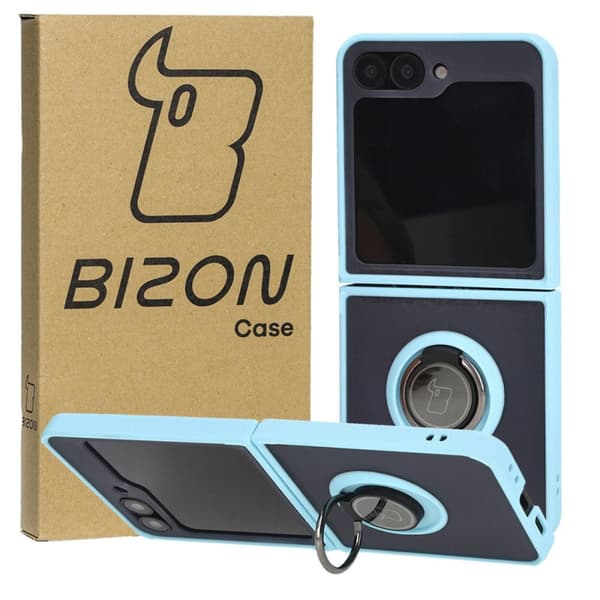 Bizon Case Hybrid Ring Finger Ring-skal för Galaxy Z Flip6, rökfärgad med ljusblå ram