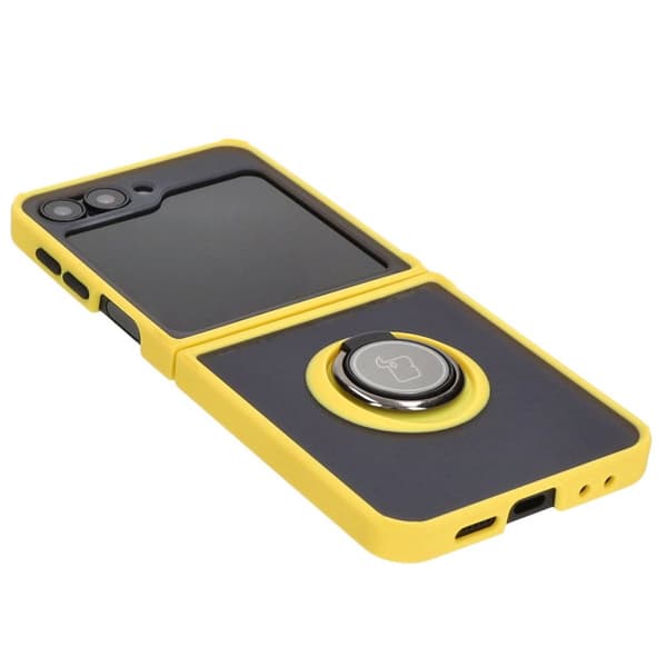 Bizon Case Hybrid Ring Fingerringfodral för Galaxy Z Flip6, rökfärgad med gul ram