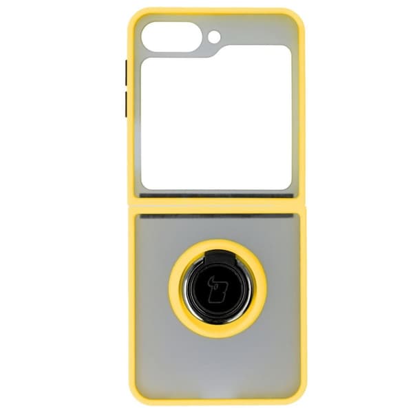 Bizon Case Hybrid Ring Fingerringfodral för Galaxy Z Flip6, rökfärgad med gul ram