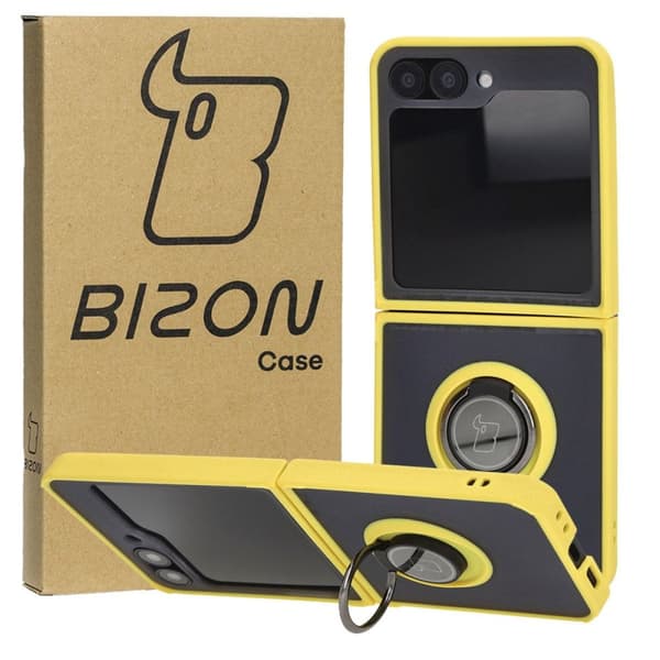 Bizon Case Hybrid Ring Fingerring Cover til Galaxy Z Flip6, Røgfarvet med Gul Ramme