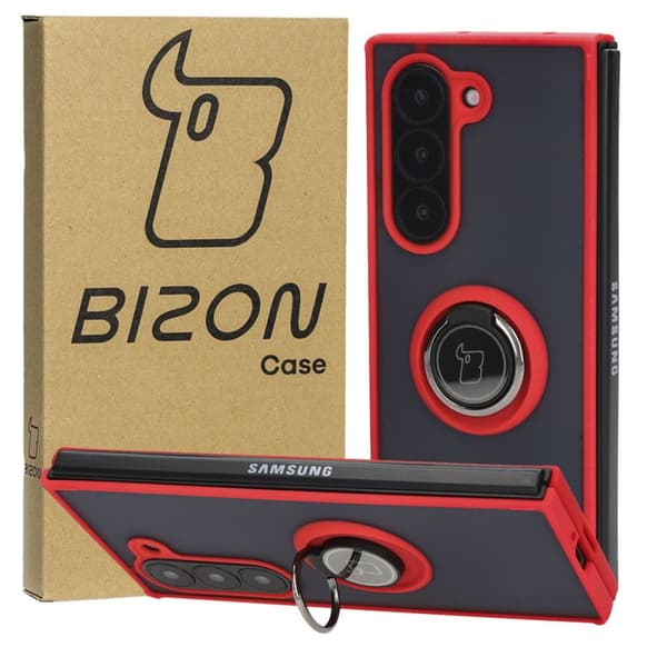 Bizon Case Hybrid Ring Fingerring Cover til Galaxy Z Fold6, Røgfarvet med Rød Ramme