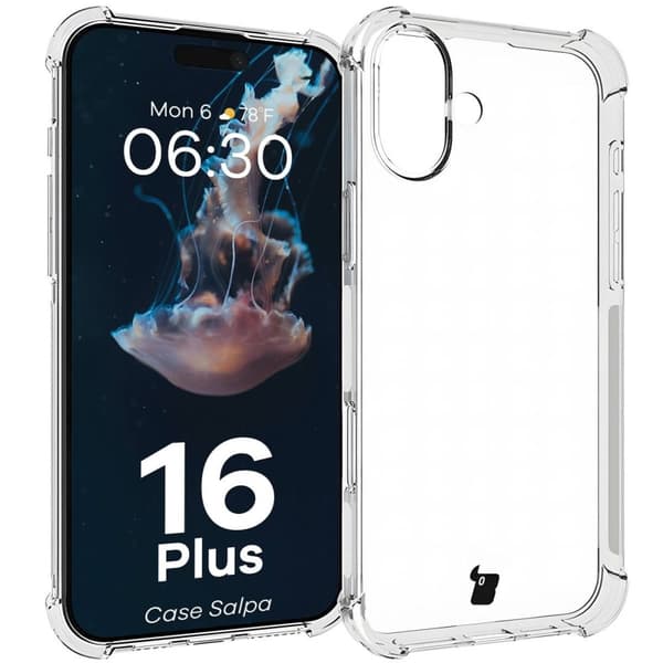 Bizon Case Salpa joustava suojakuori iPhone 16 Plussalle, läpinäkyvä