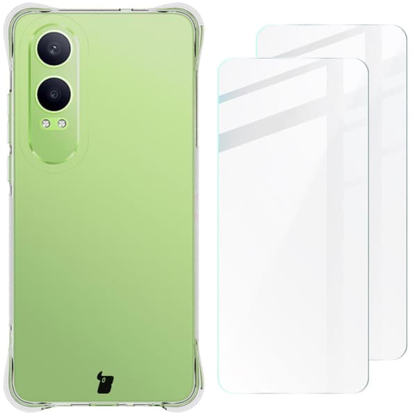 Suojakuori + 2x karkaistusta lasista valmistettu Bizon-kotelo, kirkas pakkaus OnePlus Nord CE4 Lite 5G:lle