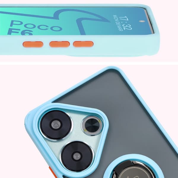 Bizon Case Hybrid Sormus Sormuskotelo Xiaomi Poco F6:lle, savunpunainen ja vaaleansininen kehys