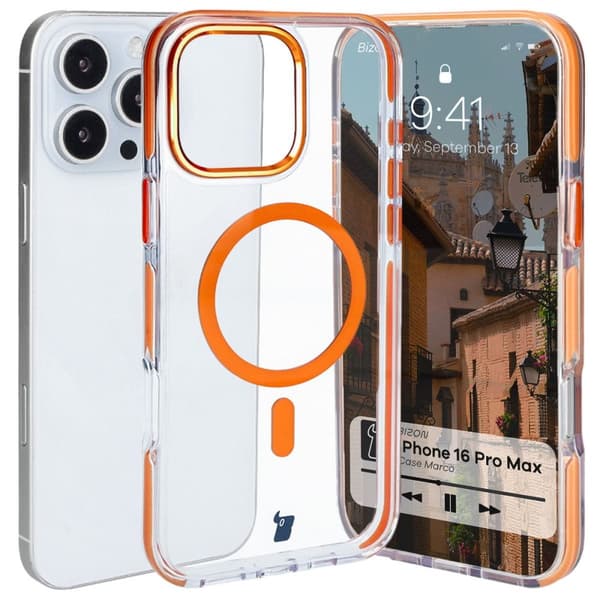 Bizon Case Marco Magnetisk Ringcover til iPhone 16 Pro Max, Transparent med Orange Ramme