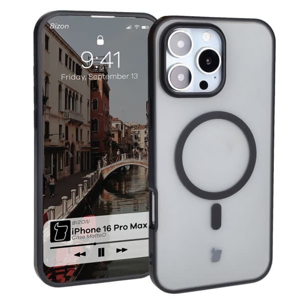 Bizon Case MatteO Magnetiskt Ringskal för iPhone 16 Pro Max, Halvtransparent med Svart Ram