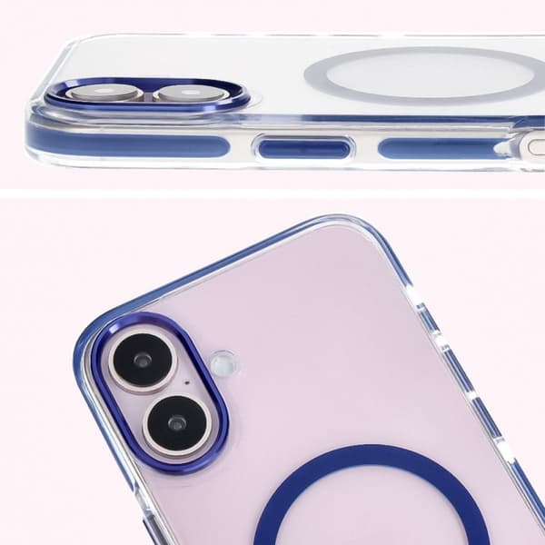 Bizon Case Marco magneettinen rengaskotelo iPhone 16:lle, läpinäkyvä ja sininen kehys
