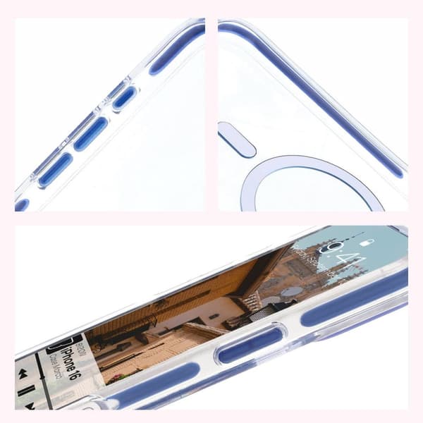 Bizon Case Marco magneettinen rengaskotelo iPhone 16:lle, läpinäkyvä ja sininen kehys