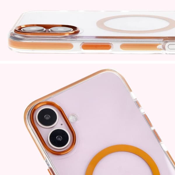 Bizon Case Marco iPhone 16 -magneettinen rengaskotelo, läpinäkyvä oranssilla kehyksellä