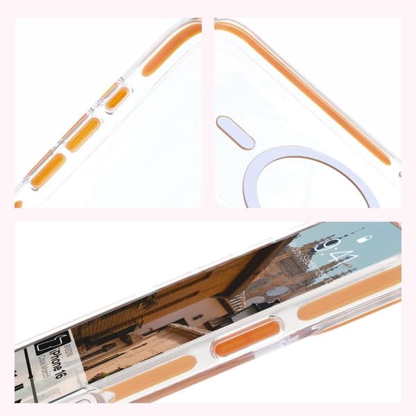 Bizon Case Marco iPhone 16 -magneettinen rengaskotelo, läpinäkyvä oranssilla kehyksellä