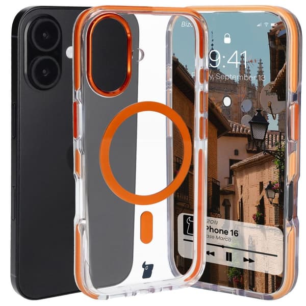 Bizon Case Marco iPhone 16 -magneettinen rengaskotelo, läpinäkyvä oranssilla kehyksellä