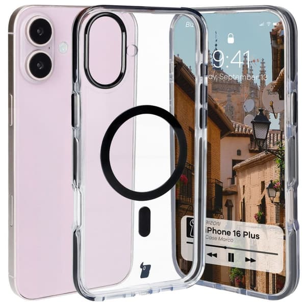 Bizon Case Marco Magnetiskt Ringskal för iPhone 16 Plus, Transparent med Svart Ram