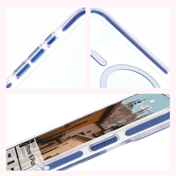 Bizon Case Marco Magnetisk Ring Cover til iPhone 16 Plus, Transparent med Blå Ramme