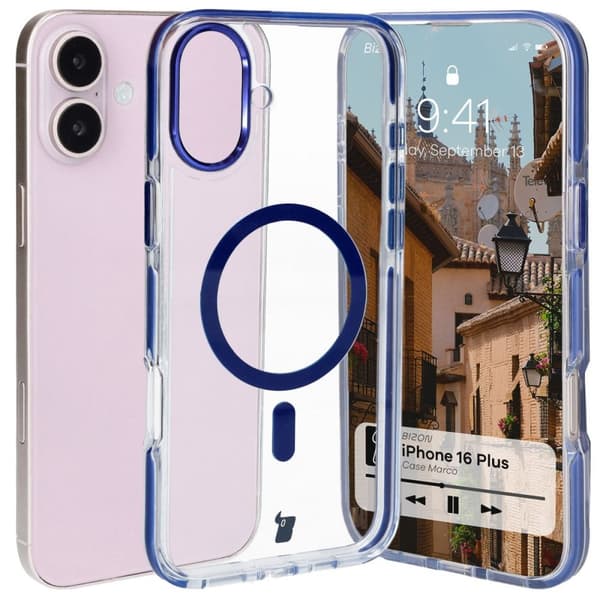 Bizon Case Marco Magnetisk Ring Cover til iPhone 16 Plus, Transparent med Blå Ramme