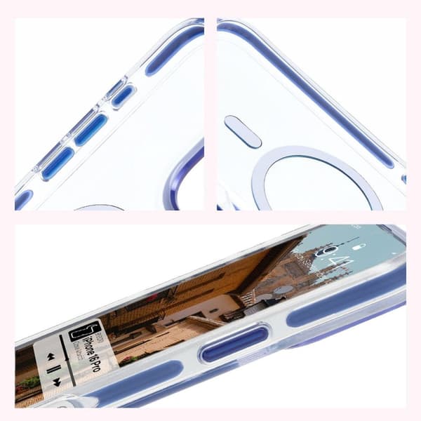 Bizon Case Marco Magnetisk Ring Cover til iPhone 16 Pro, Transparent med Blå Ramme