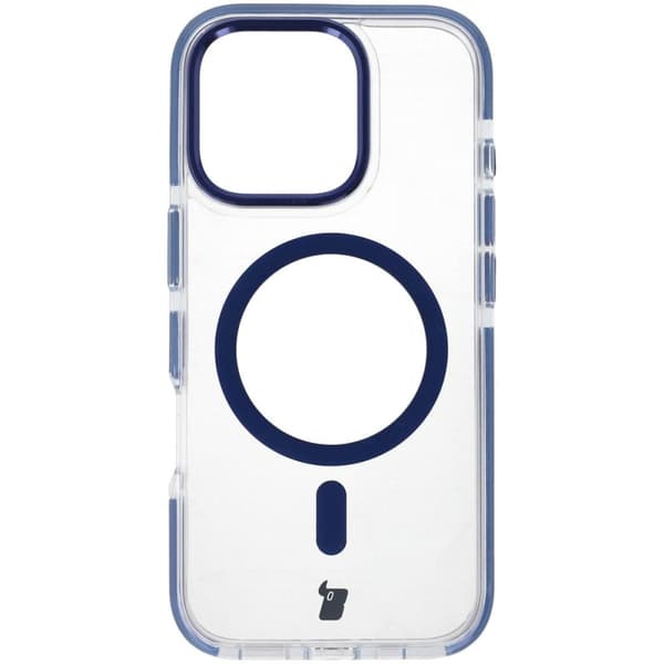Bizon Case Marco Magnetisk Ring Cover til iPhone 16 Pro, Transparent med Blå Ramme