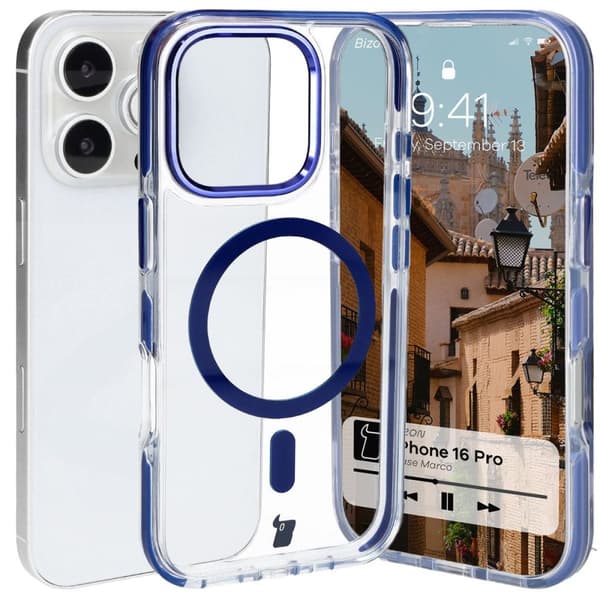 Bizon Case Marco Magnetisk Ring Cover til iPhone 16 Pro, Transparent med Blå Ramme