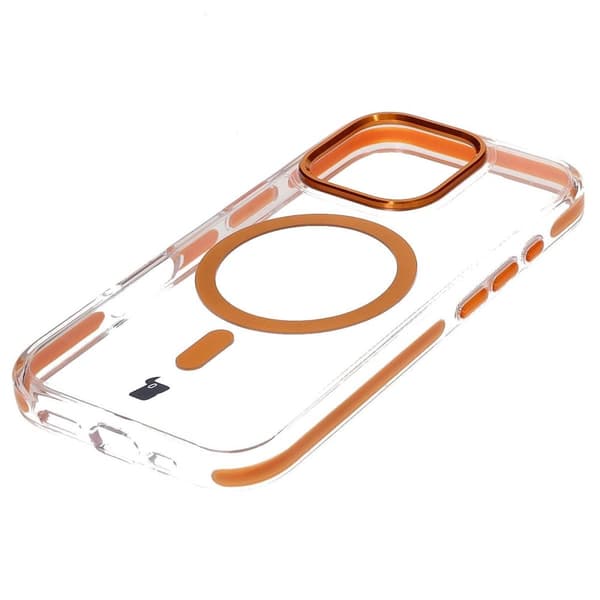 Bizon Case Marco magneettinen rengaskotelo iPhone 16 Prolle, läpinäkyvä oranssilla kehyksellä