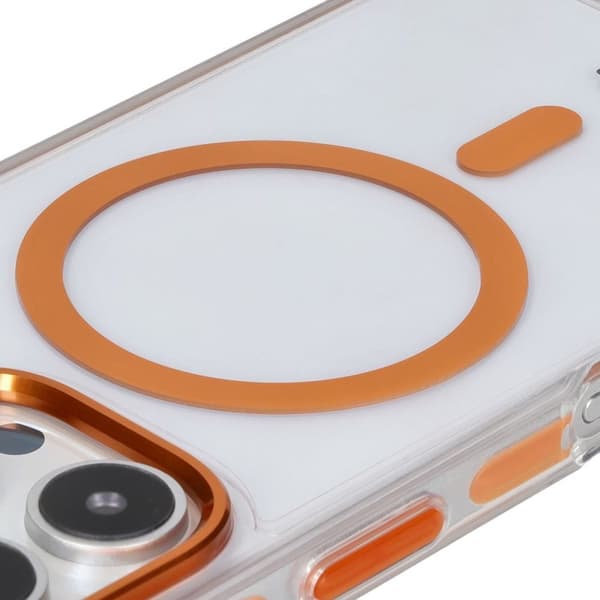 Bizon Case Marco magneettinen rengaskotelo iPhone 16 Prolle, läpinäkyvä oranssilla kehyksellä