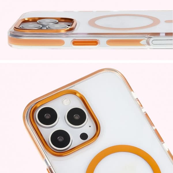 Bizon Case Marco magneettinen rengaskotelo iPhone 16 Prolle, läpinäkyvä oranssilla kehyksellä