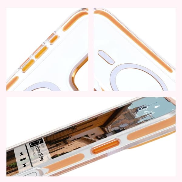 Bizon Case Marco magneettinen rengaskotelo iPhone 16 Prolle, läpinäkyvä oranssilla kehyksellä