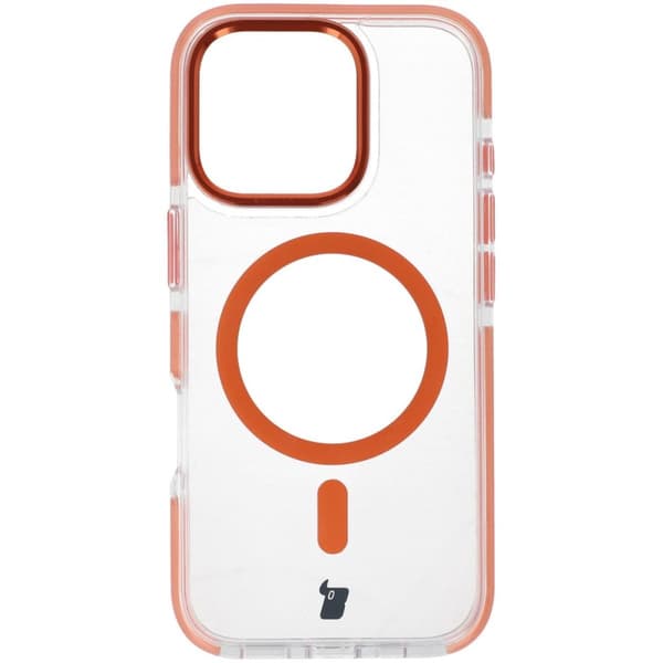 Bizon Case Marco magneettinen rengaskotelo iPhone 16 Prolle, läpinäkyvä oranssilla kehyksellä