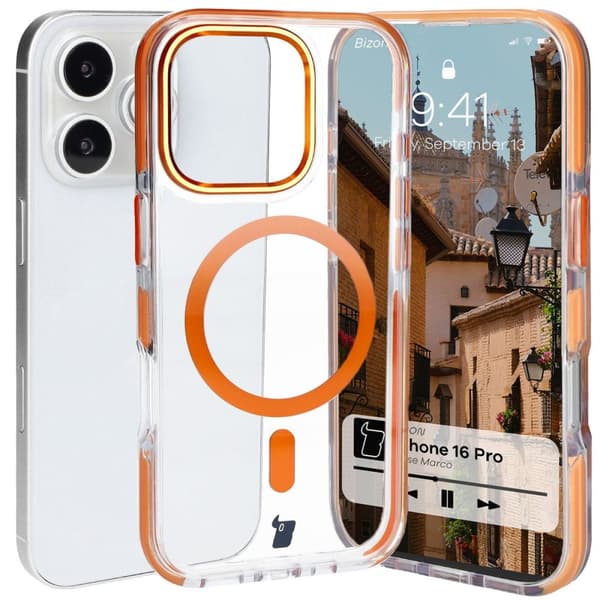 Bizon Case Marco magneettinen rengaskotelo iPhone 16 Prolle, läpinäkyvä oranssilla kehyksellä