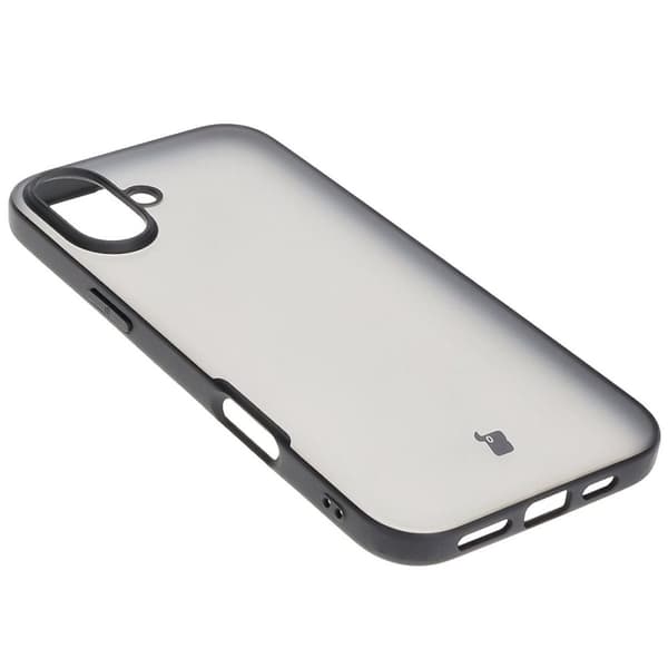 Bizon Angelo -kotelo iPhone 16 Plussalle, savunharmaa ja mustalla kehyksellä