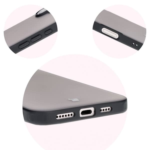 Bizon Angelo -kotelo iPhone 16 Plussalle, savunharmaa ja mustalla kehyksellä
