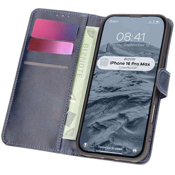 Bizon-etui med lomme til iPhone 16 Pro Max, marineblå