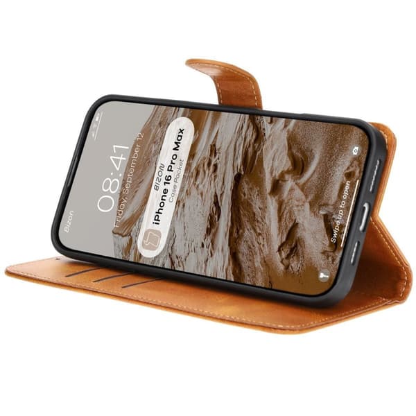 Bizon-etui med lomme til iPhone 16 Pro Max, brun